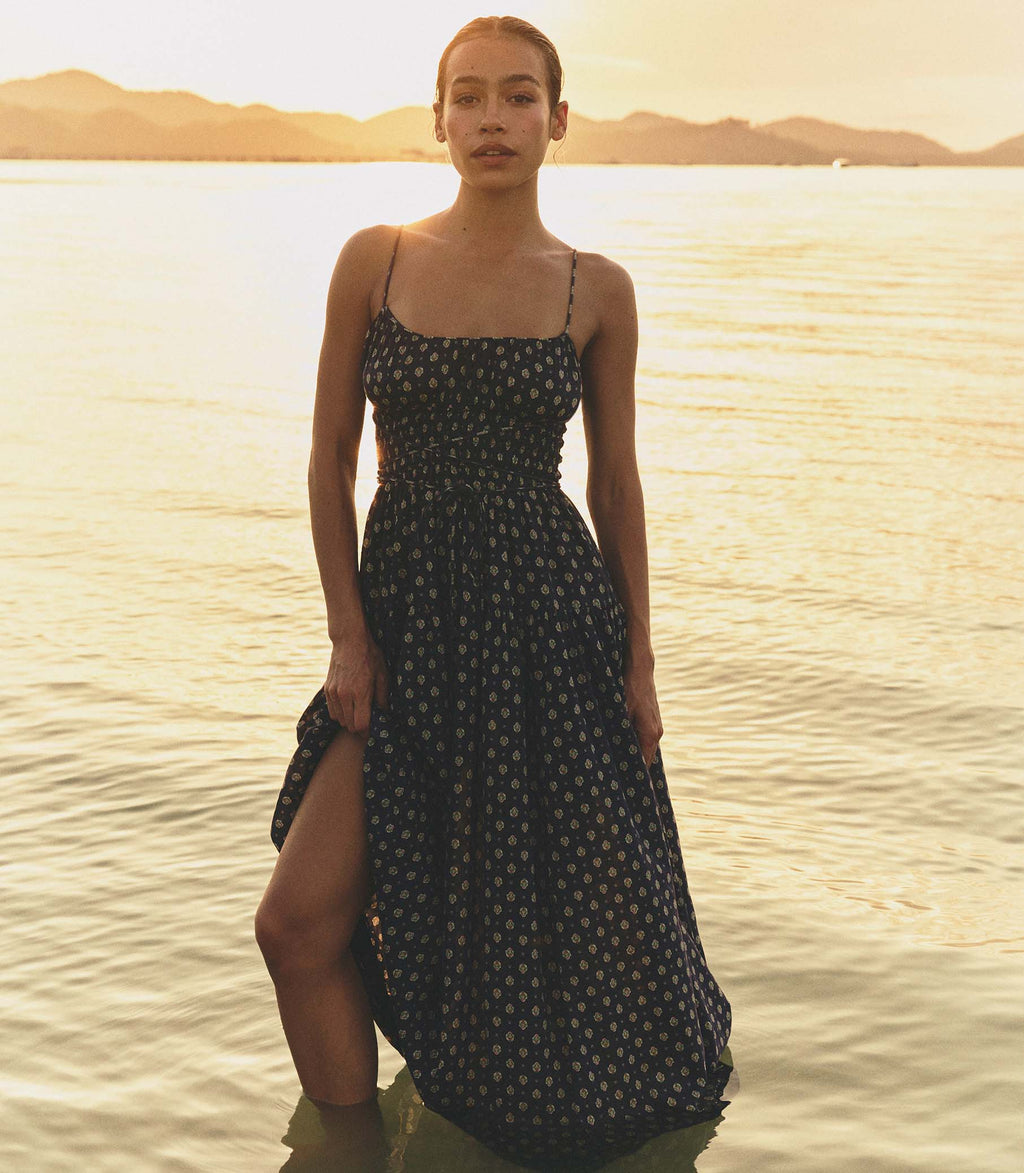 SAFIA DRESS -- NAVY CADIZ FOULARD